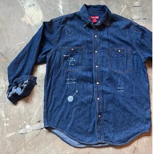 Vintage Denim Shirt, Jacket, Shirt, 90s Cotton, Mens, Painted, Alchemy Symbols